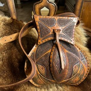 Vtg Tooled Leather Handmade Cobra Head Bag RARE